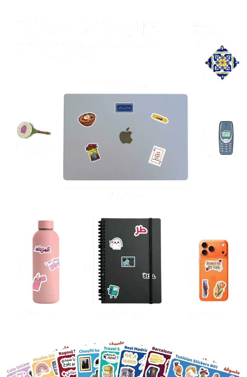 Zan9a sticker sizing guide showing scale and fit on MacBook, iPhone, Dabouza, and notebook